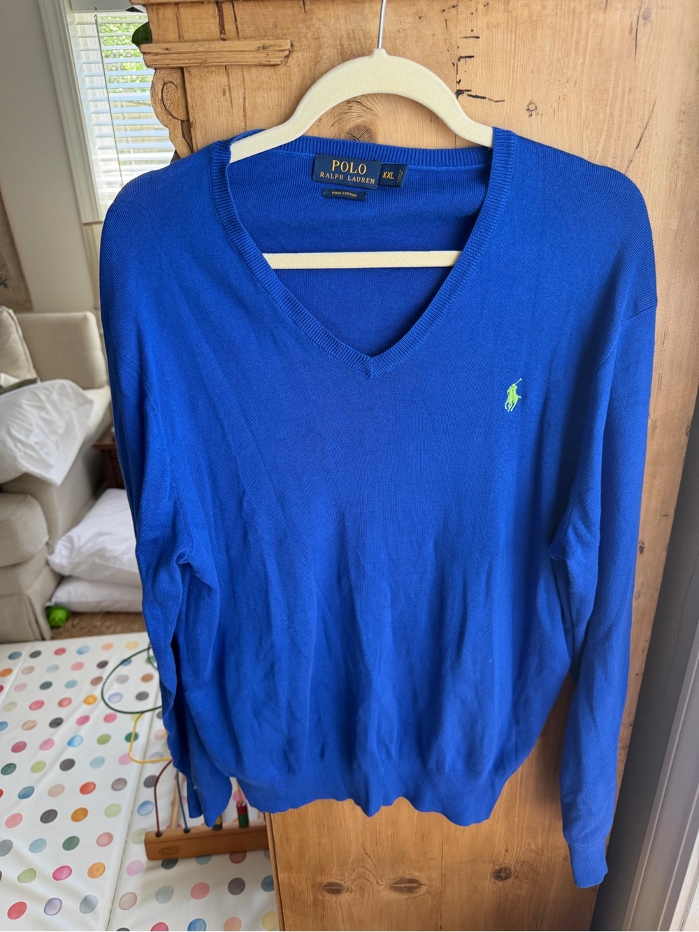 Polo by Ralph Lauren Men’s V-Neck Sweater in Royal Blue with Green Pony